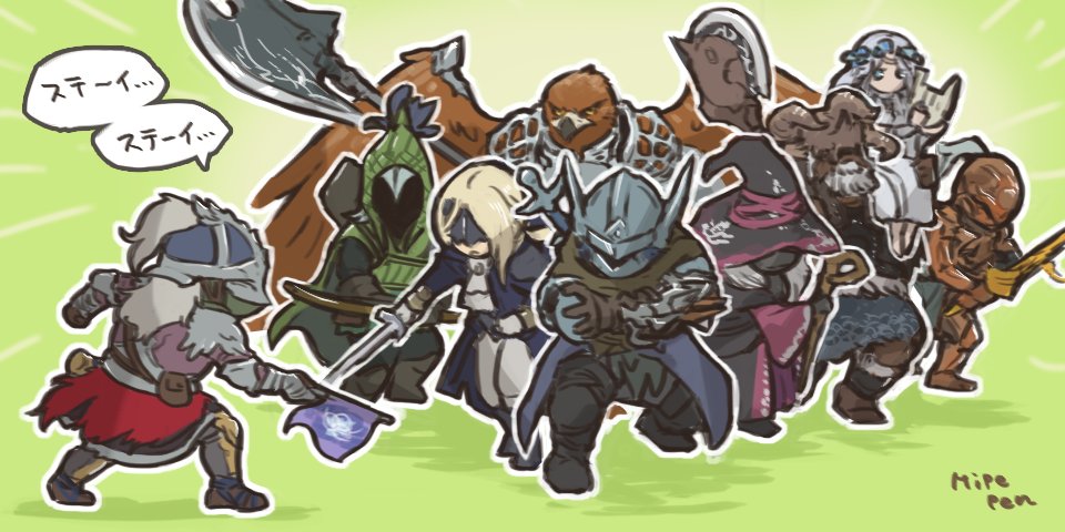 armor, axe, chibi, duchess_(elden_ring), elden_ring, elden_ring_nightreign, executor_(elden_ring), full_body, guardian_(elden_ring), hat, helmet, holding, holding_staff, ironeye_(elden_ring), mage_staff, pen_(mipe), raider_(elden_ring), recluse_(elden_ring), revenant_(elden_ring), staff, sword, tarnished_(elden_ring), weapon, witch_hat, wylder_(elden_ring)