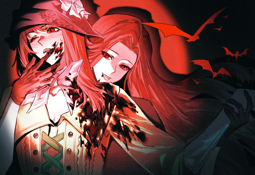 2girls, ;o, bat_(animal), behind_another, black_background, fangs, gloves, hands_up