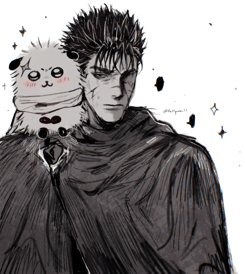 1boy, :3, absurdres, berserk, blush, cape, chiikawa, closed_mouth