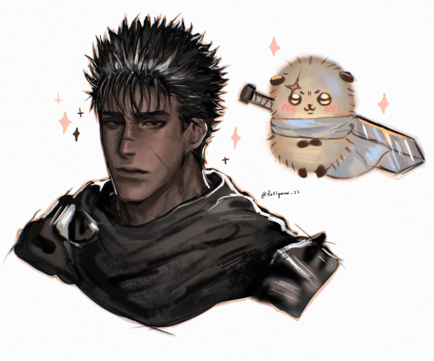 1boy, :3, absurdres, berserk, black_hair, blush, chiikawa, creature