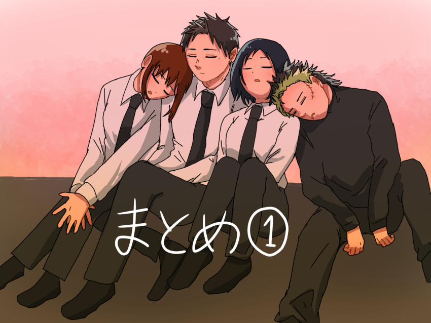 2boys, 2girls, black_hair, black_necktie, black_pants, black_shirt, bob_cut, bradley_hana