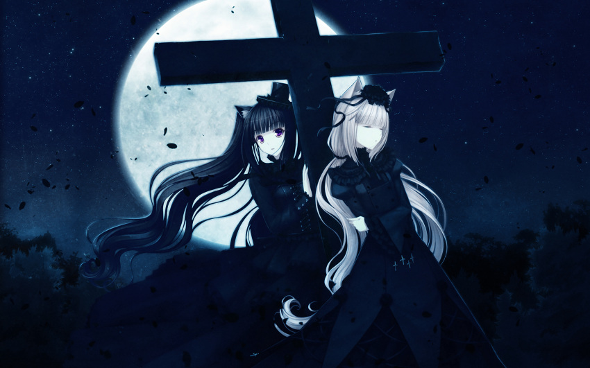 animal_ears, catgirl, chocola, chocolat_(sayori), dress, goth-loli, gothic_lolita, lolita_fashion, moon, night, original, photoshop, sayori, vanilla, vanilla_(sayori)
