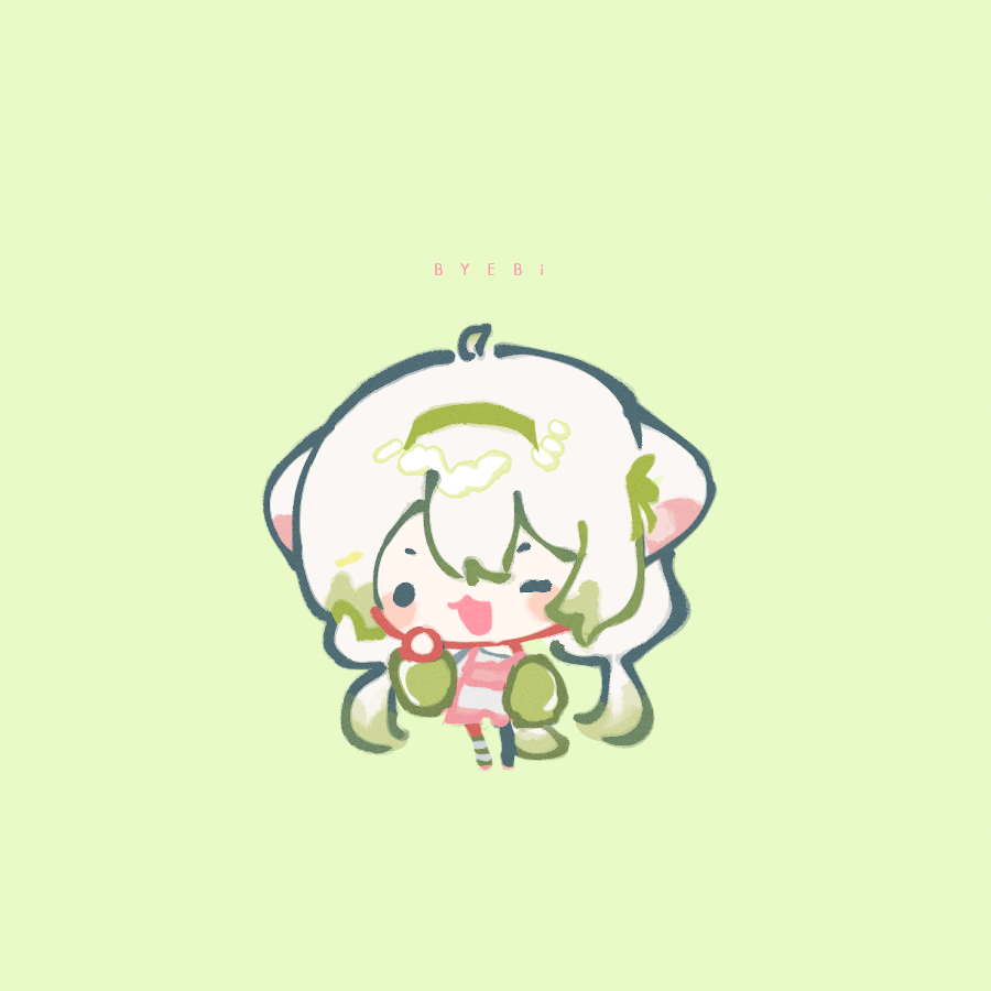 1girl, ;3, ahoge, animal_ears, artist_name, asymmetrical_legwear, byebi, chibi, chibi_only, english_text, ferret, ferret_ears, ferret_girl, ferret_tail, gradient_hair, gradient_tail, green_hair, green_tail, hair_between_eyes, hairband, hand_on_own_face, laimu_(vtuber), laimu_(vtuber)_(cozy), multicolored_hair, multicolored_tail, one_eye_closed, overalls, pink_overalls, single_sleeve_past_fingers, sleeves_past_fingers, sleeves_past_wrists, sweater, tail, thigh-highs, twintails, two-tone_hair, two-tone_tail, vinesauce, virtual_youtuber, white_hair, white_tail