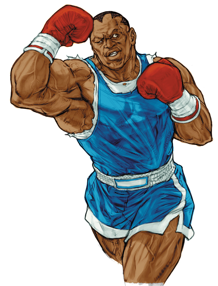 1boy, balrog_(street_fighter), black_hair, boxing_gloves, boxing_shorts, capcom, capcom_vs_snk_2, crazy_eyes, dark-skinned_male, dark_skin, game_cg, highres, lazy_eye, male_focus, muscular, muscular_male, nishimura_kinu, non-web_source, official_art, short_hair, shorts, solo, street_fighter, teeth, third-party_source, veins, veiny_arms, veiny_thighs, white_background