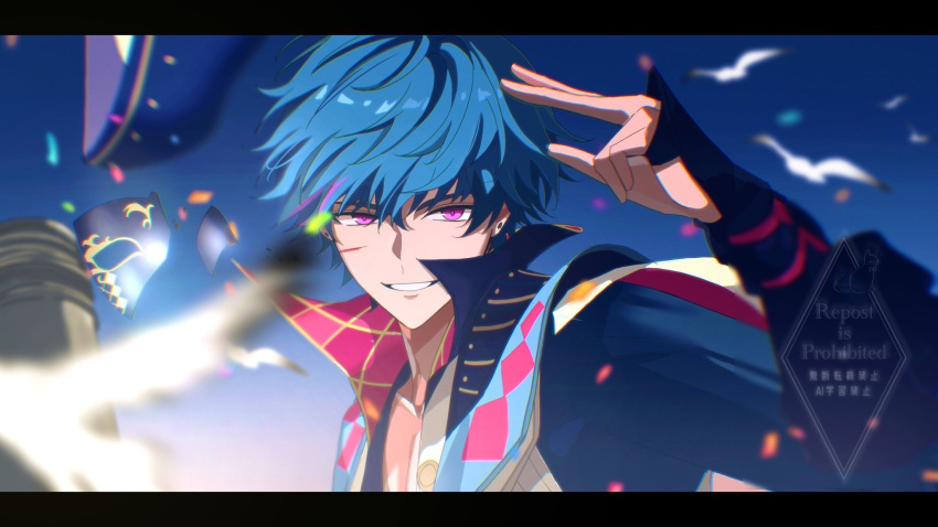 1boy, bird, blue_hair, blue_hat, blue_shirt, blurry, blurry_background, blurry_foreground