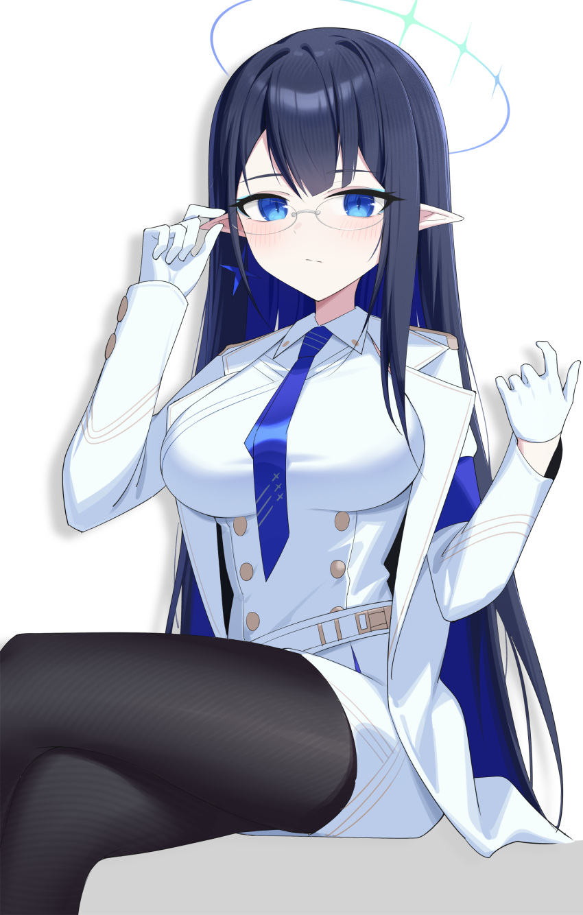 1girl, absurdres, adjusting_eyewear, black_hair, black_pantyhose, blue_archive, blue_eyes, blue_hair