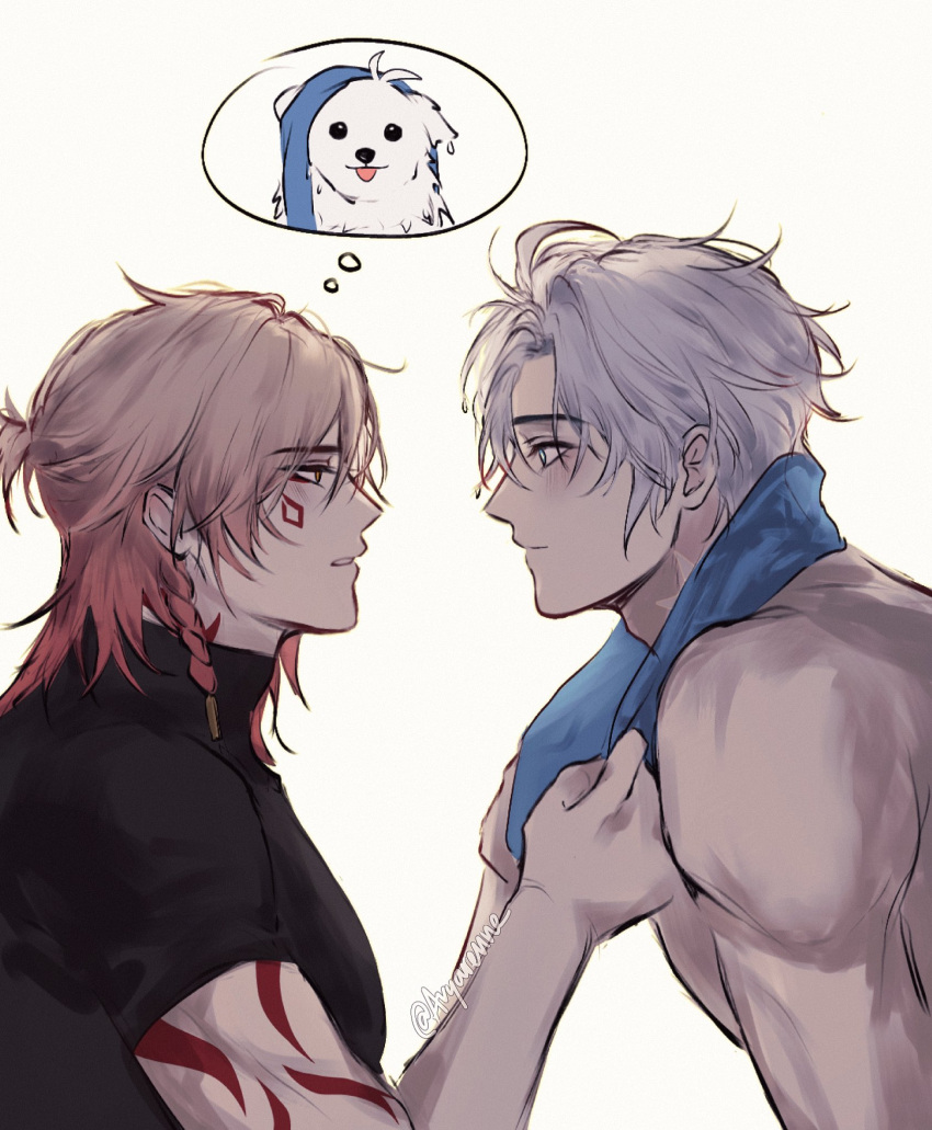 2boys, avyarenne, black_shirt, blonde_hair, body_markings, braid, closed_mouth, commentary, dog, facial_mark, from_side, gradient_hair, highres, honkai:_star_rail, honkai_(series), image_in_thought_bubble, male_focus, multicolored_hair, multiple_boys, mydei_(honkai:_star_rail), parted_bangs, phainon_(honkai:_star_rail), profile, red_hair, shirt, short_sleeves, side_braid, speech_bubble, thought_bubble, tongue, tongue_out, topless_male, towel, towel_around_neck, towel_on_head, twitter_username, upper_body, wet, wet_hair, white_background, white_hair