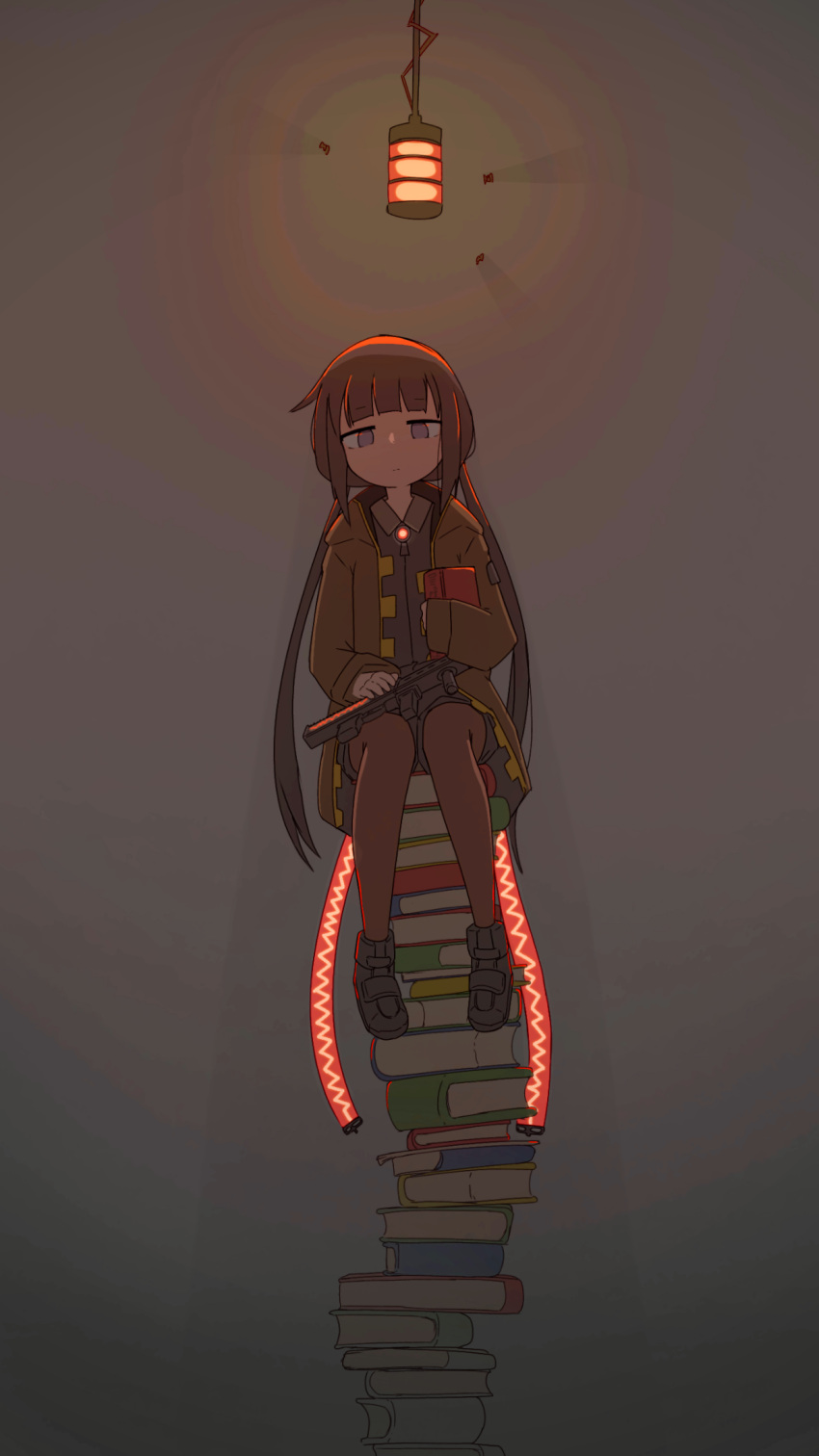1girl, :|, black_boots, black_shirt, book, book_stack, boots, brown_coat