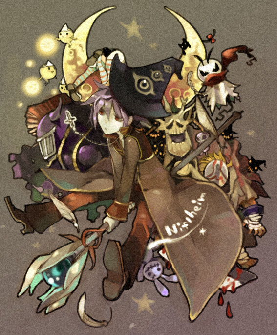 2boys, aoliso, black_hat, bloody_murderer, brown_coat, brown_pants, chain, closed_mouth