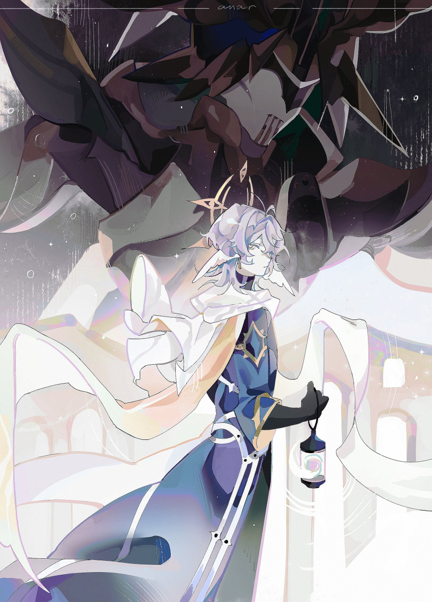 1boy, absurdres, anar_9158, blue_coat, coat, from_side, hair_between_eyes, halo, halo_behind_head, hashtag-only_commentary, head_wings, highres, holding, holding_lantern, honkai:_star_rail, honkai_(series), lantern, looking_at_viewer, male_focus, medium_hair, septimus_(honkai:_star_rail), solo_focus, spiked_halo, sunday_(honkai:_star_rail), white_hair, wings, yellow_eyes