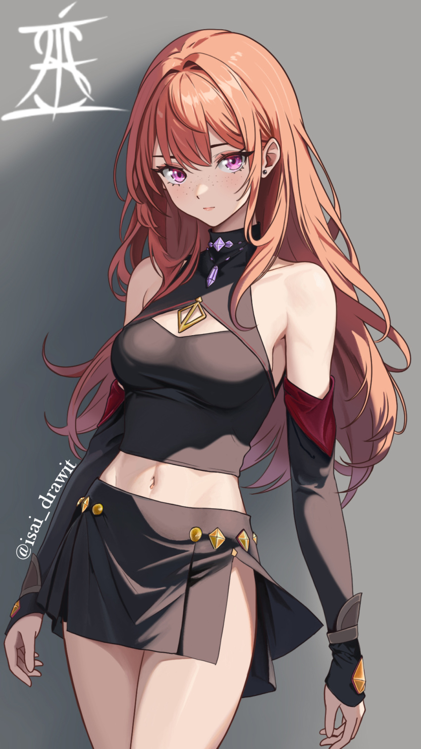 1girl, artist_logo, black_shirt, black_skirt, black_sleeves, breasts, cleavage_cutout, clothing_cutout, commentary_request, crystal, detached_sleeves, earrings, freckles, grey_background, halter_shirt, halterneck, highres, isai_salazar, jewelry, light_blush, linea_alba, logo, long_hair, looking_at_viewer, medium_breasts, midriff, necklace, orange_hair, original, pink_eyes, shadow, shirt, skirt, spanish_commentary, stud_earrings, twitter_username