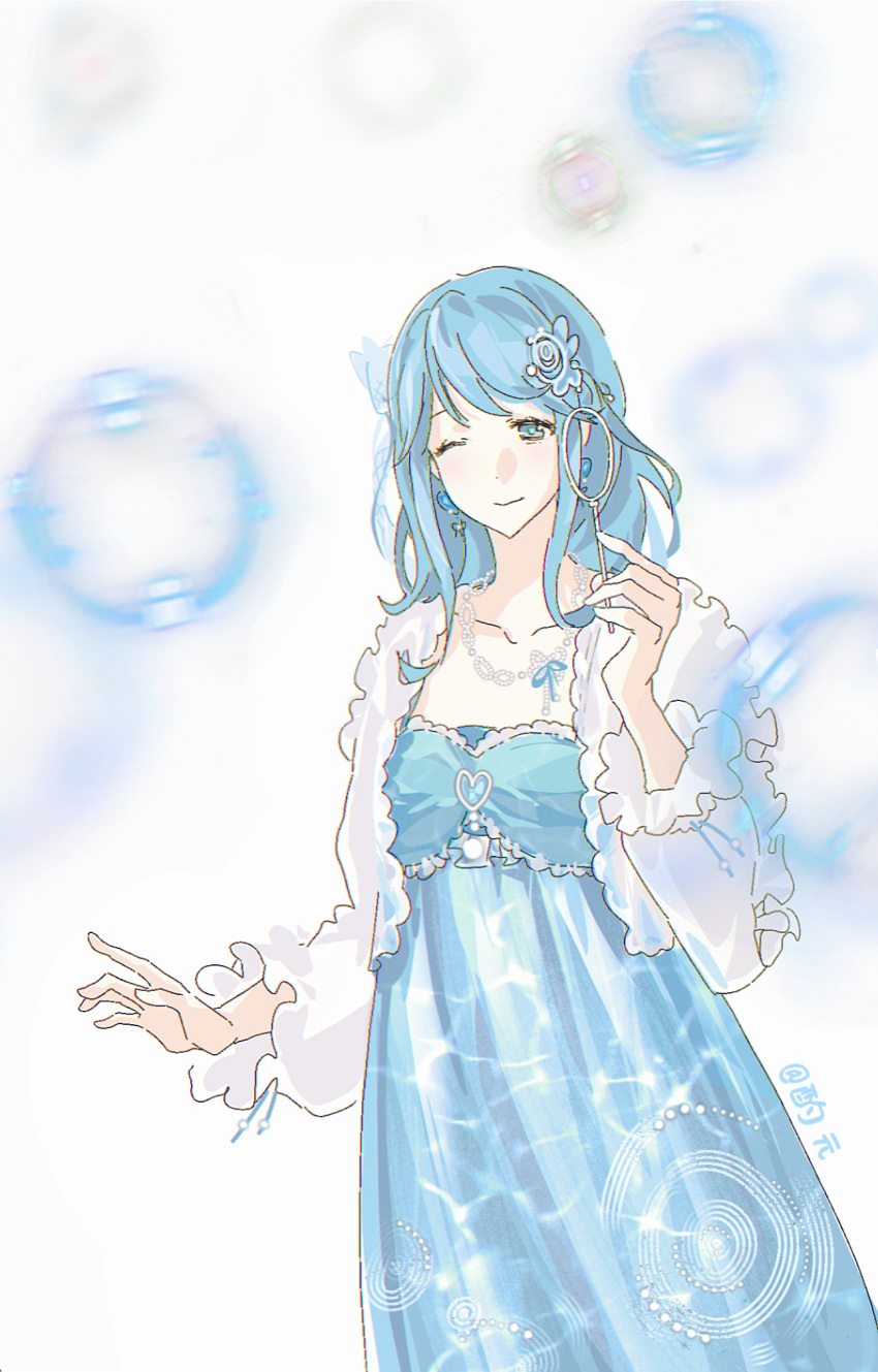 1girl, blue_dress, blue_eyes, blue_gemstone, blue_hair, blue_ribbon, blurry, blurry_foreground