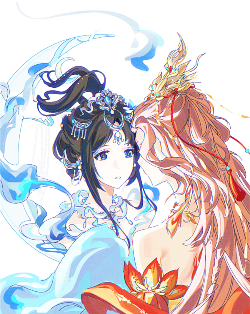 2girls, bare_shoulders, black_hair, blue_eyes, blue_eyeshadow, blue_hanfu, braid, chinese_clothes, circlet, crescent, crown, detached_collar, dot_nose, earrings, eyeshadow, face-to-face, feather_hair_ornament, feathers, gold_crown, hair_ornament, hair_rings, hanfu, high_ponytail, highres, jewelry, jintianshigehaotianqine, long_hair, long_sleeves, looking_at_another, makeup, mirrored_bright_moon_(shining_nikki), multiple_braids, multiple_girls, necklace, nikki_(series), off_shoulder, parted_lips, pink_hair, ponytail, red_shawl, shawl, shining_nikki, short_hair_with_long_locks, short_ponytail, shoulder_blades, simple_background, sleeves_past_fingers, sleeves_past_wrists, smoke, sun_falls_on_9_crows_(shining_nikki), tassel, tassel_hair_ornament, updo, upper_body, white_background, wide_sleeves, yellow_hanfu