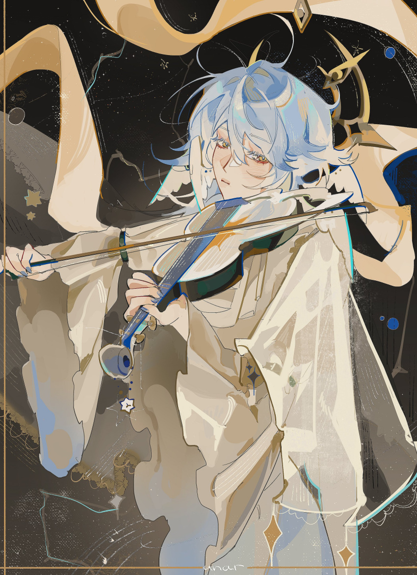 1boy, absurdres, anar_9158, colored_eyelashes, commentary, expressionless, hair_between_eyes, halo, halo_behind_head, head_tilt, head_wings, highres, honkai:_star_rail, honkai_(series), instrument, looking_down, male_focus, medium_hair, music, nail_polish, piercing, playing_instrument, robe, solo, spiked_halo, sunday_(honkai:_star_rail), violin, white_eyelashes, white_hair, white_robe, wing_piercing, wings, yellow_eyes