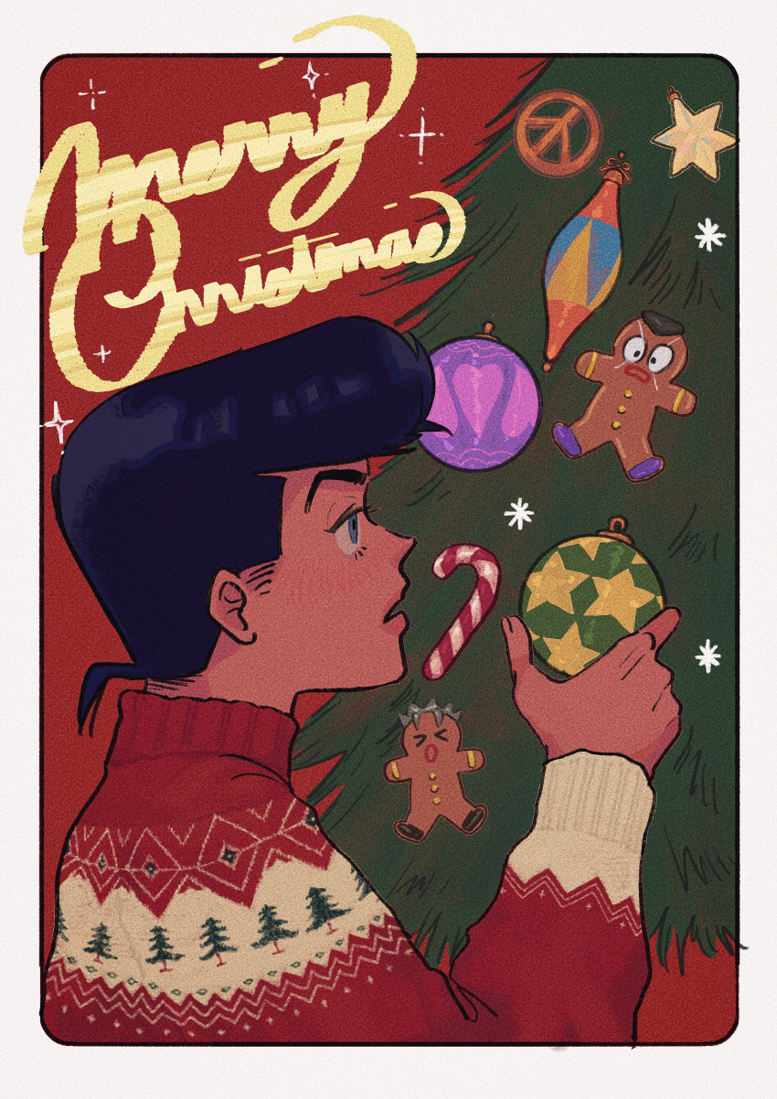 absurdres, black_border, black_hair, blue_eyes, border, candy, candy_cane, christmas, christmas_sweater, christmas_tree, decorating_christmas_tree, english_text, film_grain, food, from_side, gingerbread_man, higashikata_josuke, highres, hirose_koichi, holding_ornament, jojo_no_kimyou_na_bouken, male_focus, merry_christmas, nijimura_okuyasu, parted_lips, peace_symbol, pompadour, red_background, red_sweater, short_hair, solo_focus, sweater, t_0nd, white_border