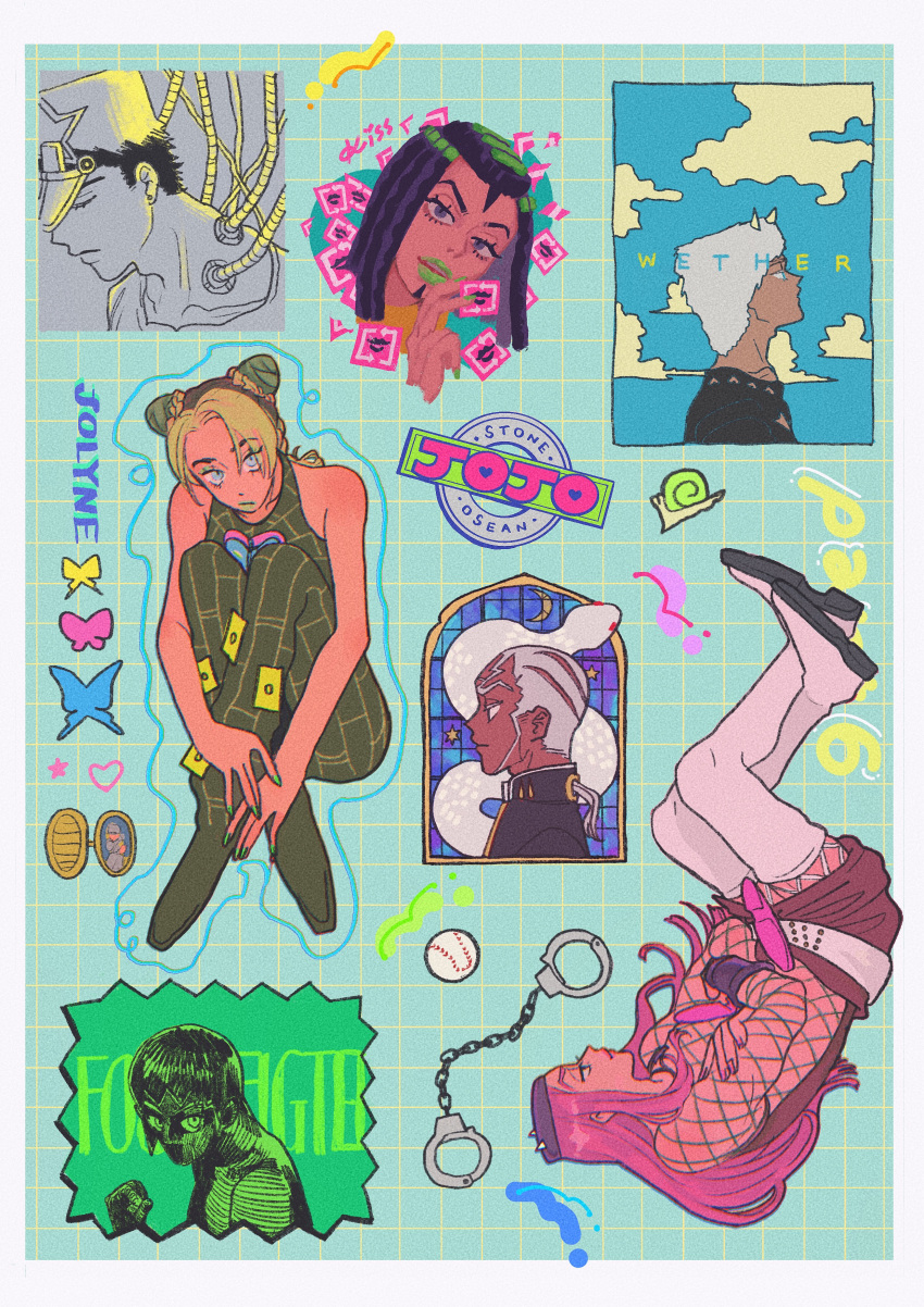 3girls, 4boys, ?, absurdres, aqua_eyes, bare_shoulders, baseball, black_eyes