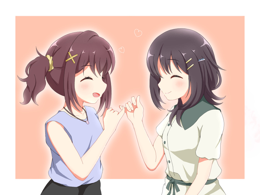 2girls, black_hair, blue_shirt, blush, border, brown_hair, closed_eyes, furutachi_kurea