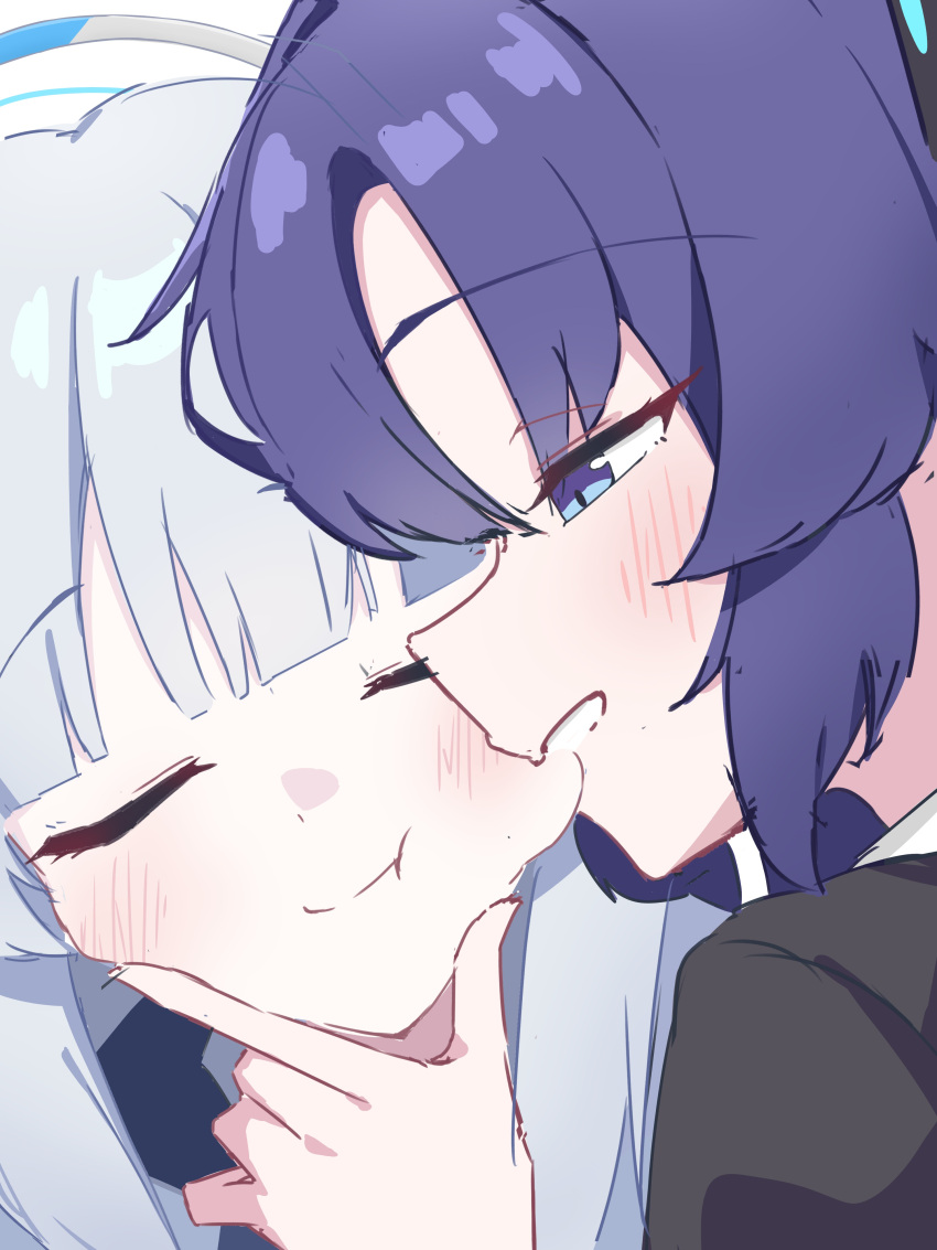 2girls, absurdres, black_jacket, blue_archive, blue_necktie, closed_eyes, grey_hair, halo