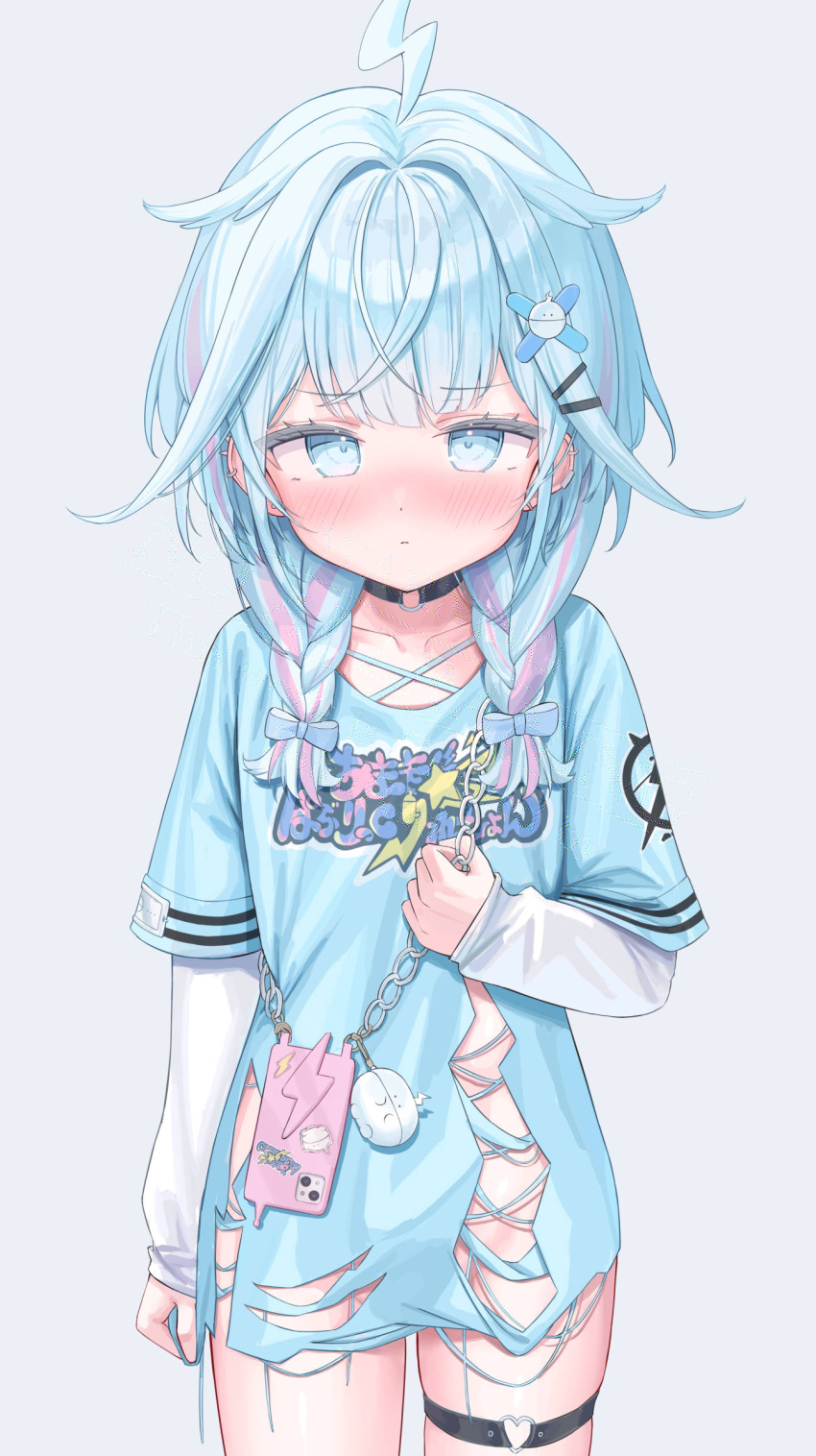 1girl, ahoge, black_choker, blue_eyes, blue_hair, blue_shirt, blush, braid, cellphone, choker, closed_mouth, hair_ornament, hairpin, heart, heart_hair_ornament, highres, hololive, hololive_dev_is, looking_at_viewer, medium_hair, mizumiya_su, o-ring, o-ring_choker, o-ring_thigh_strap, phone, pink_hair, raodu, shirt, smartphone, solo, thigh_strap, twin_braids