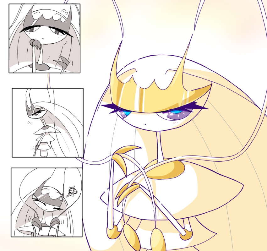 1girl, animal_hands, antennae, arthropod_girl, averting_eyes, big_hair, blue_pupils, closed_mouth, commentary_request, dot_mouth, flying_sweatdrops, furry, furry_female, hand_on_own_chin, hands_up, highres, holding_antenna, joints, long_hair, looking_at_viewer, looking_to_the_side, monya, partial_commentary, pheromosa, pokemon, pokemon_(creature), shy, simple_background, solo, squiggle, violet_eyes, white_background, white_hair