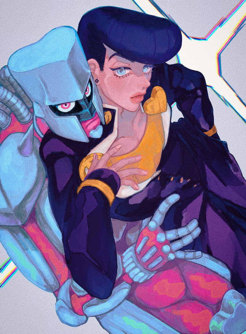1boy, 1other, absurdres, aqua_eyes, black_hair, black_jacket, chromatic_aberration, crazy_diamond