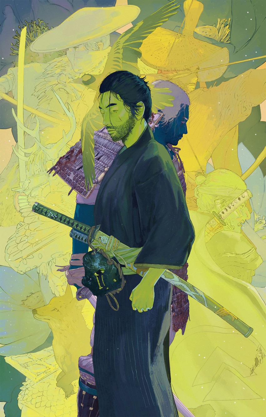 5boys, antlers, armor, bread, character_request, closed_mouth, commentary_request, food