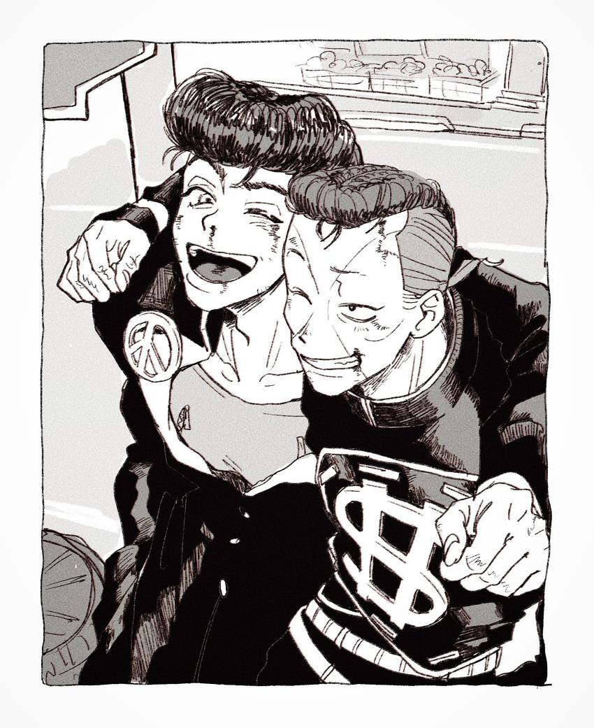 2boys, :d, arm_on_another's_shoulder, black_hair, black_jacket, blood, border, diamond_wa_kudakenai