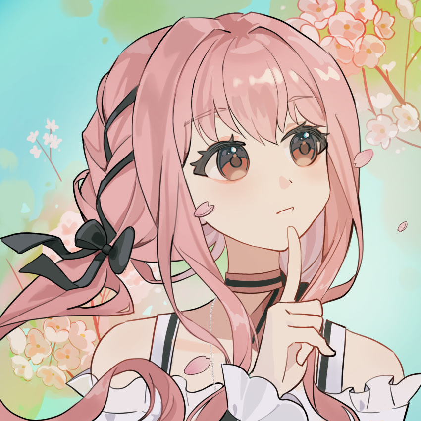 1girl, bare_shoulders, black_bow, black_ribbon, blue_sky, bow, bow_choker, bowtie