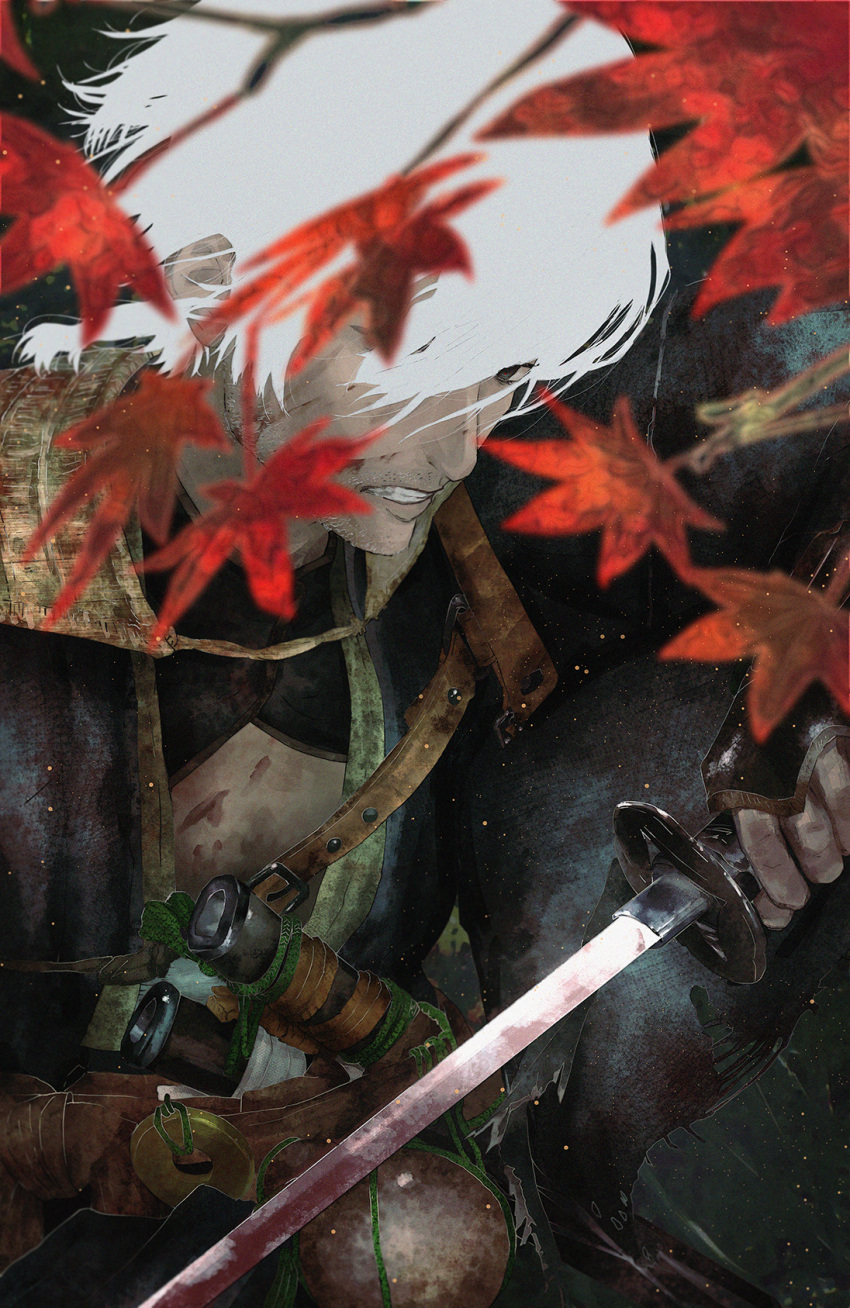 1boy, armor, binoculars, black_kimono, blurry, blurry_foreground, clenched_teeth, gauntlets, hair_over_one_eye, highres, holding, holding_sword, holding_weapon, japanese_armor, japanese_clothes, kimono, leaf, looking_at_viewer, male_focus, maple_leaf, okada_izou_(rise_of_the_ronin), rise_of_the_ronin, short_hair, shoulder_armor, sode, solo, sparse_stubble, sword, teeth, torn_clothes, torn_sleeves, weapon, white_hair, yorunue_ro