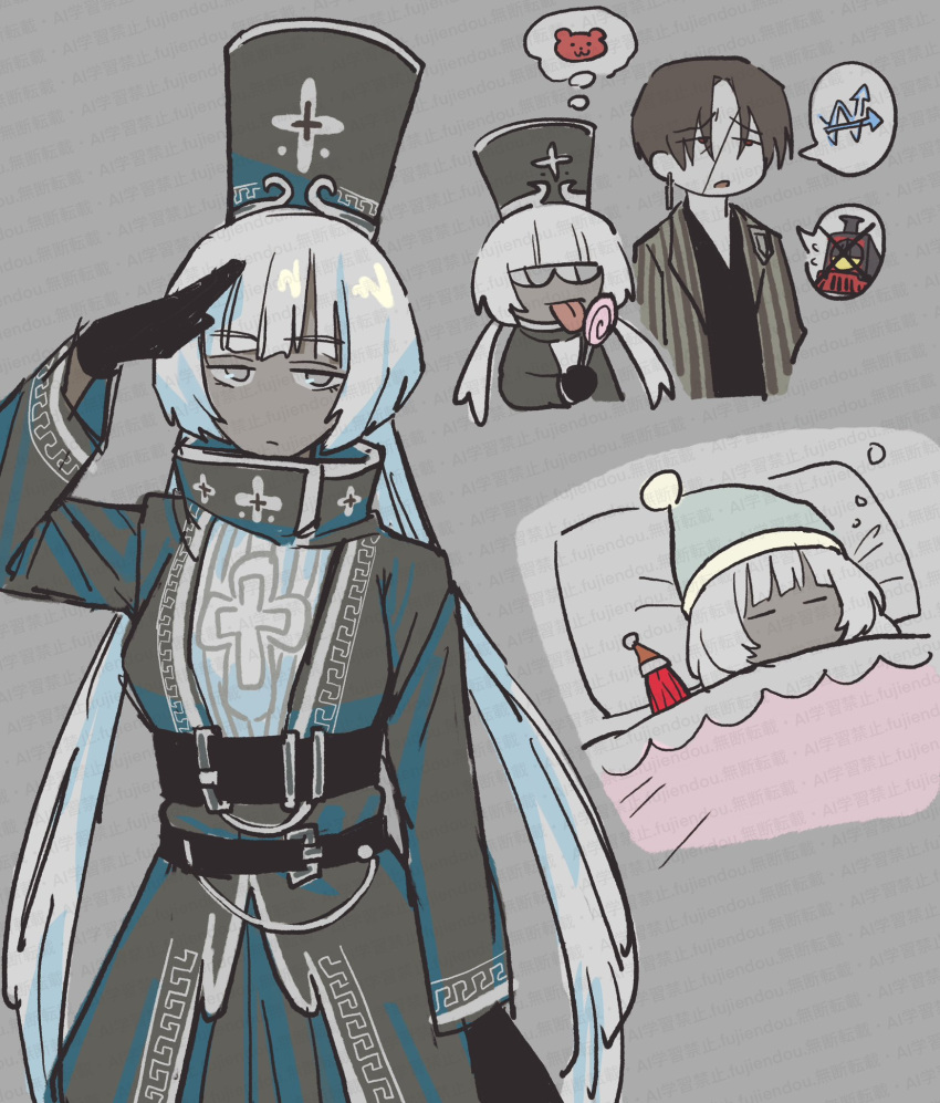 1boy, 1girl, candy, charon_(project_moon), colored_skin, food, fujiendou, grey_hat