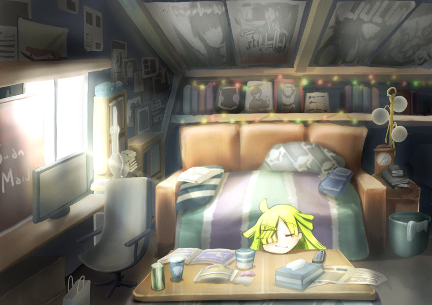 1girl, aki_mabayu, bedroom, blanket, clock, closed_eyes, couch, green_hair