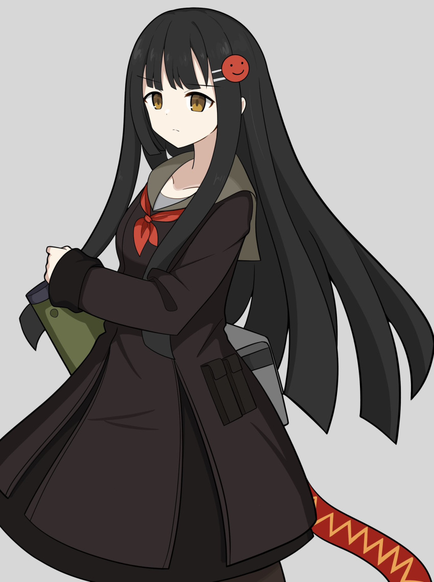 1girl, black_hair, black_skirt, collarbone, cowboy_shot, dot_nose, grey_sailor_collar, gun