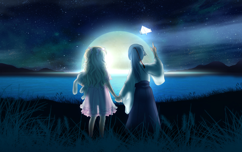 blonde_hair, blue_hair, child, hand_holding, holding_hands, japanese_clothes, macross, macross_frontier