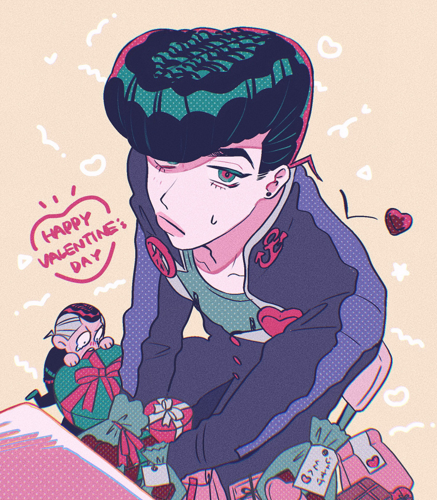 2boys, anchor_ornament, anchor_symbol, black_hair, blue_jacket, box, candy, chibi