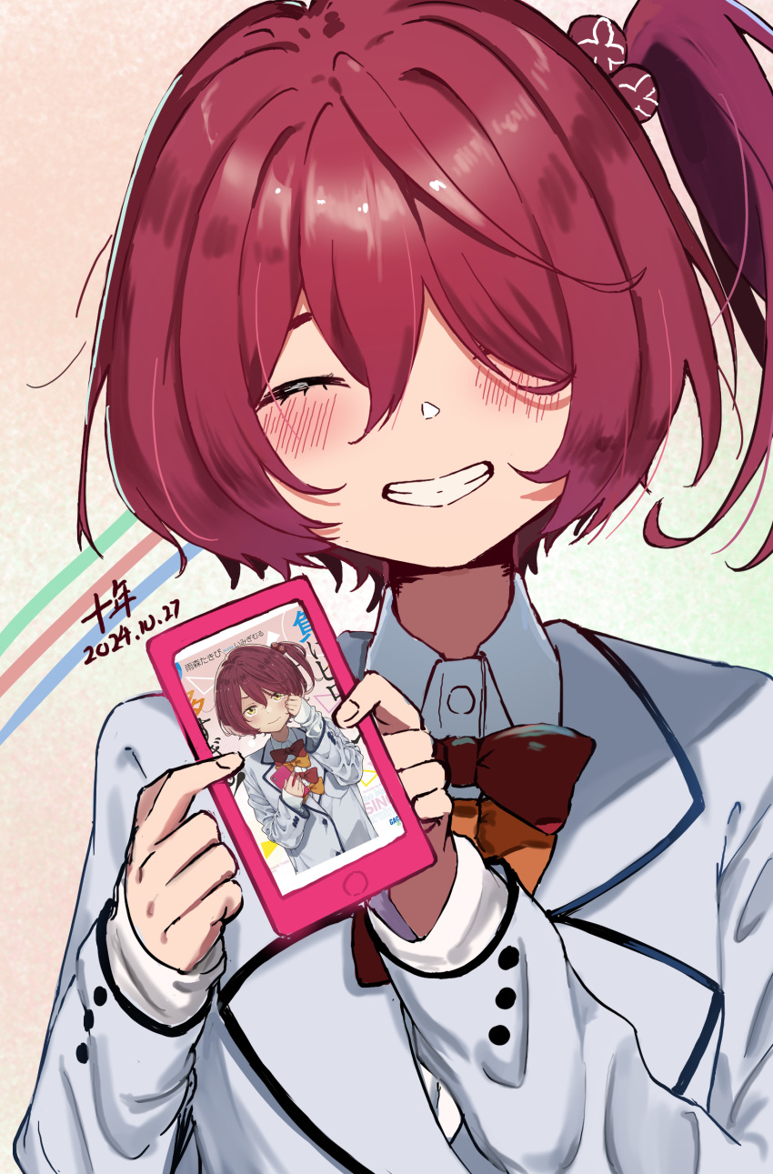 1girl, absurdres, blazer, blush, bow, bowtie, cellphone, chinese_commentary