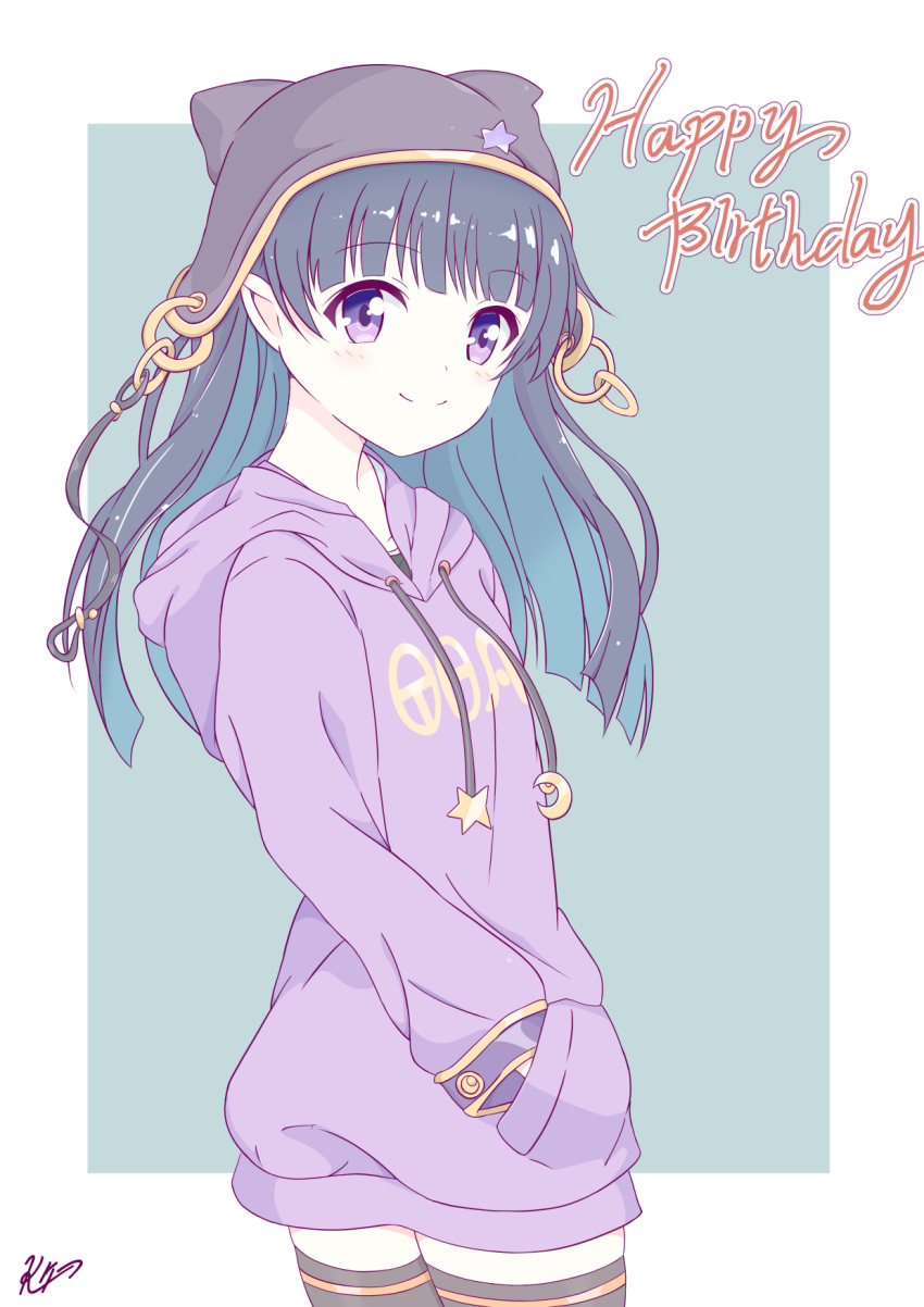 1girl, animal_ear_headwear, black_hair, flat_chest, hand_in_pocket, happy_birthday, highres, hood