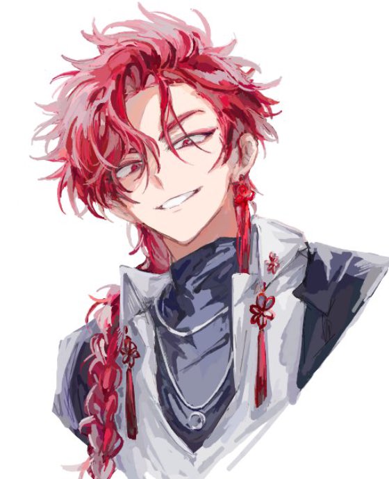 1boy, black_coat, black_shirt, braid, braided_ponytail, chinese_knot, coat, coat_on_shoulders, collared_shirt, cropped_torso, earrings, grin, hair_between_eyes, hair_over_shoulder, jewelry, long_hair, looking_at_viewer, male_focus, necklace, portrait, red_eyes, red_hair, shiguang_dailiren, shirt, simple_background, single_braid, single_earring, smile, solo, sorry_okk, tassel, tassel_earrings, teeth, turtleneck, upper_body, white_background, white_shirt, xiao_weiying