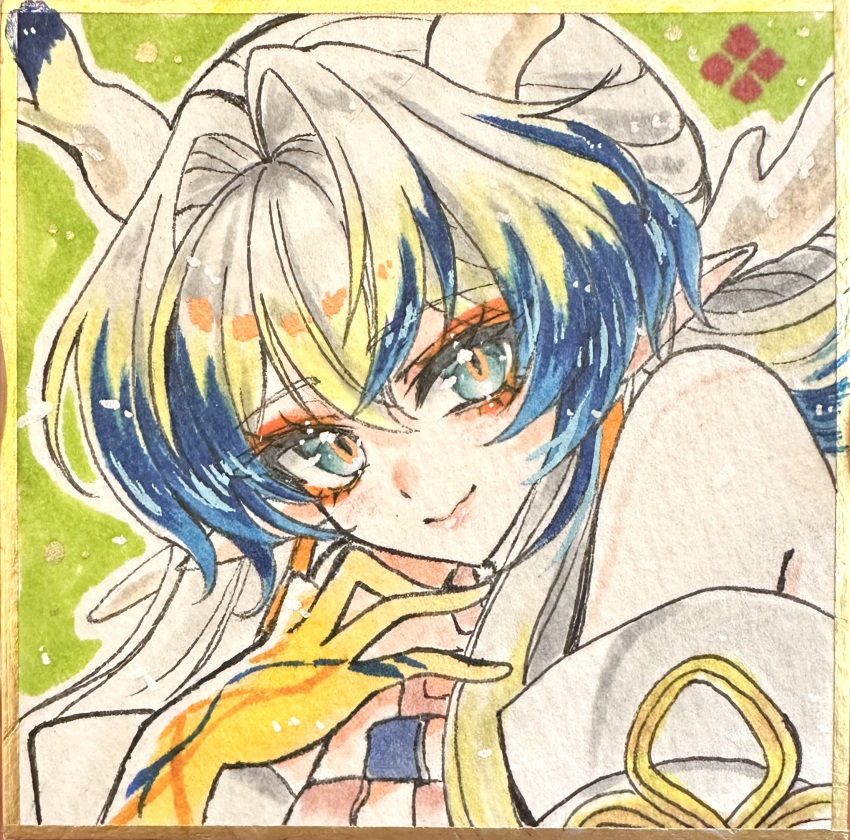 1girl, aqua_eyes, arknights, bare_shoulders, blonde_hair, blue_hair, closed_mouth, colored_extremities