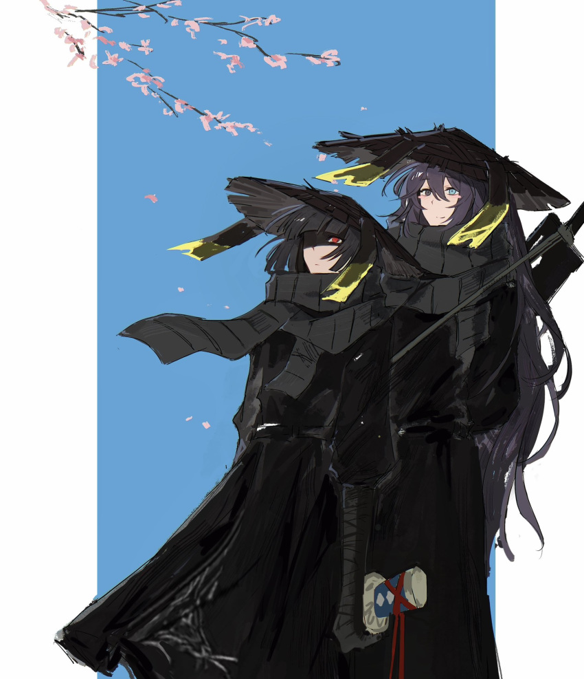 1boy, 1girl, ajirogasa, bandaged_arm, bandages, black_hair, black_robe, blue_background