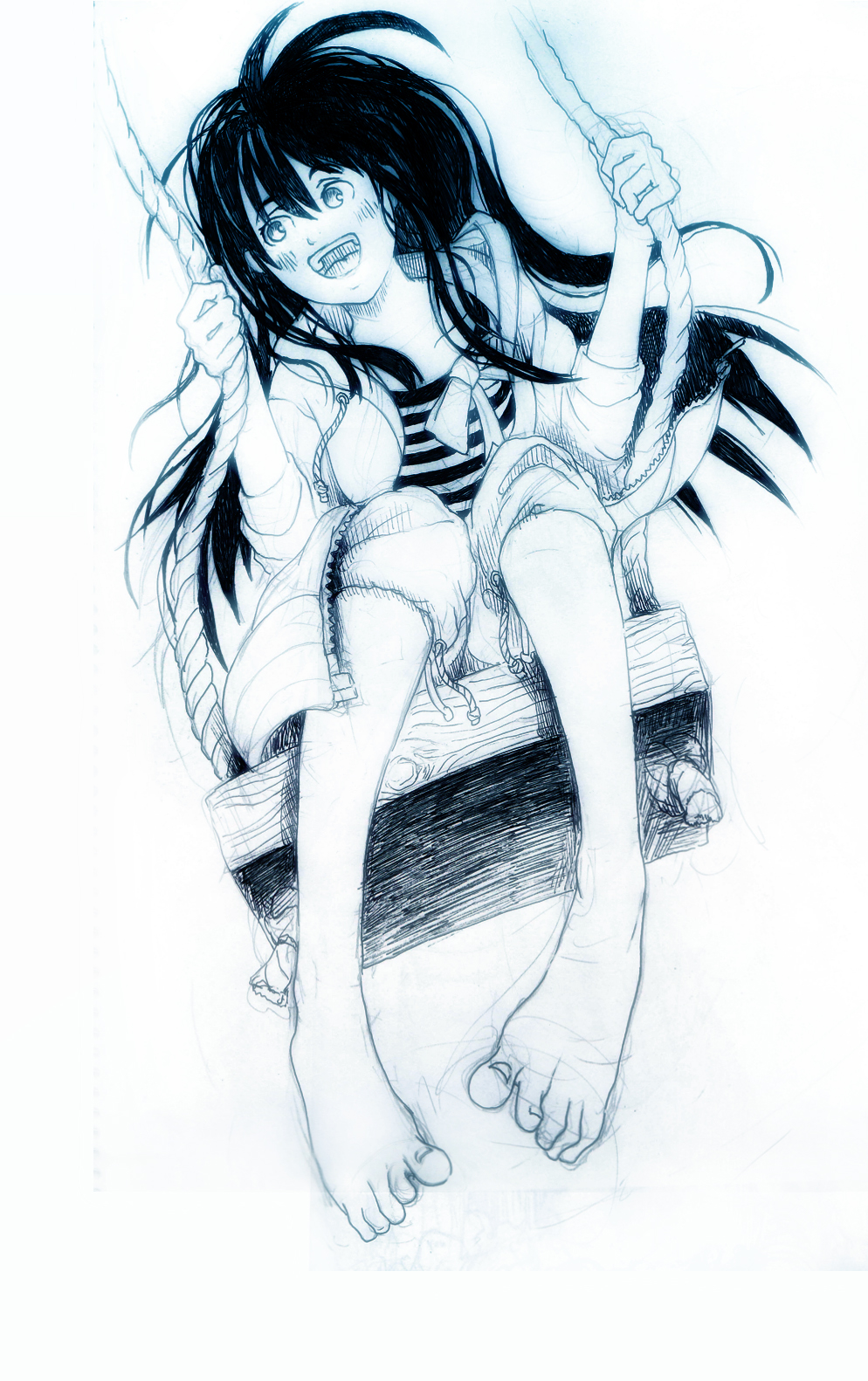 face, feet, highres, monochrome, open_mouth, original, popurika, sketch