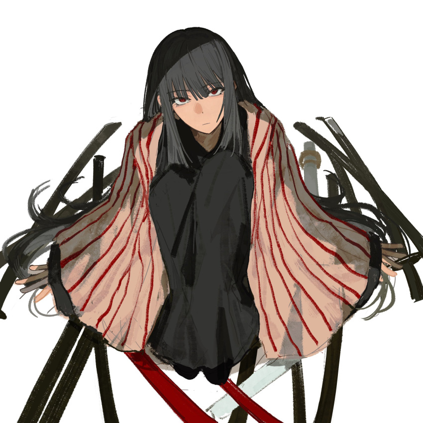 1girl, black_hair, black_kimono, black_pants, coat, forest_for_the_flames_(e.g.o), full_body, haori