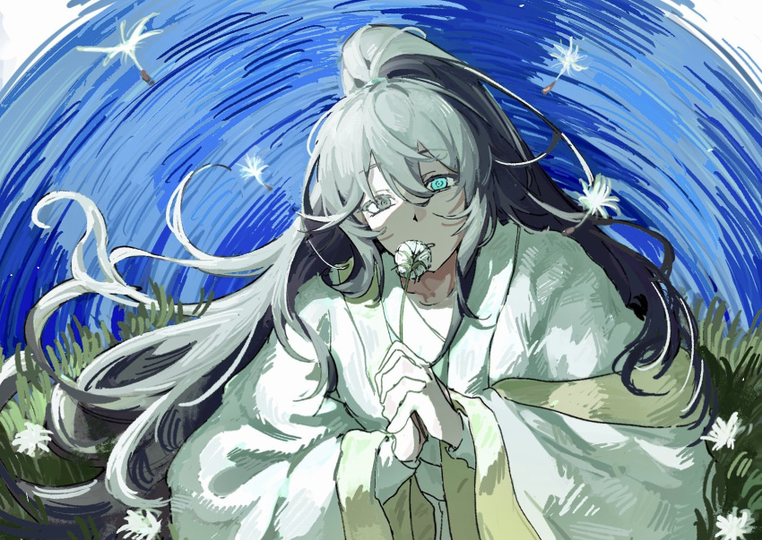 1boy, black_eyes, black_hair, blue_background, blue_eyes, chinese_clothes, flower, hanfu