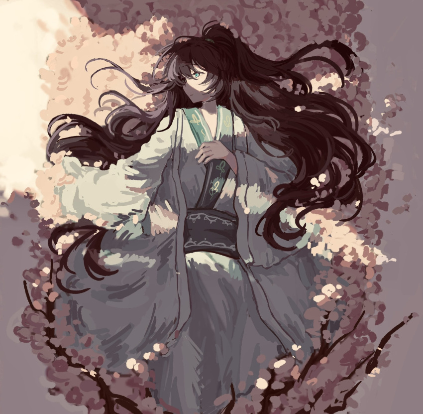 1boy, black_eyes, black_hair, blue_eyes, chinese_clothes, flower, flower_bed, grey_background