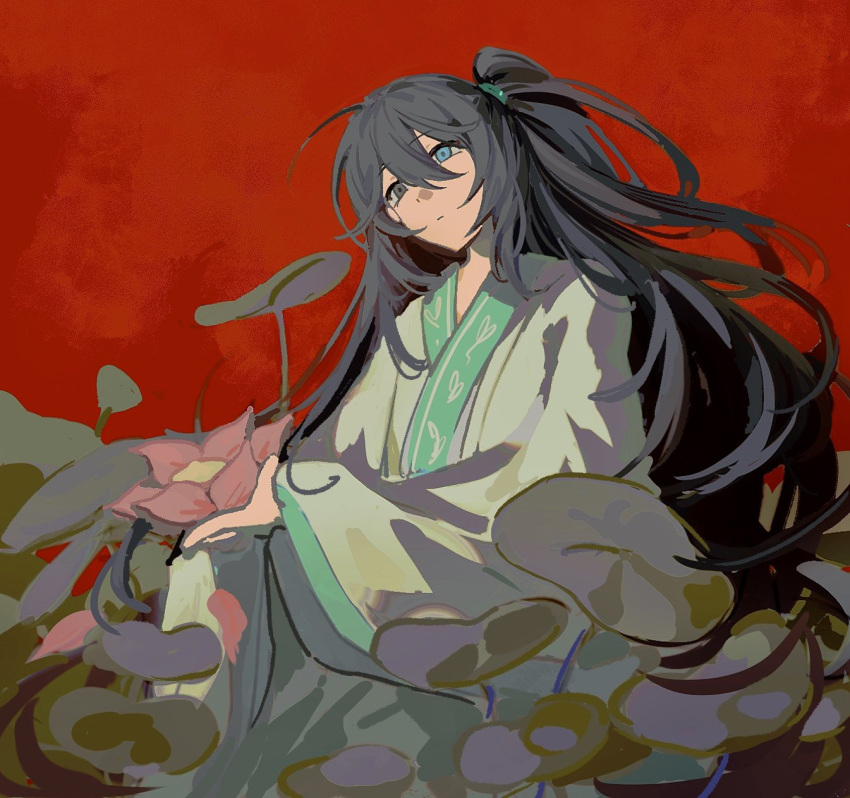 1boy, black_eyes, black_hair, blue_eyes, chinese_clothes, flower, hanfu, heterochromia