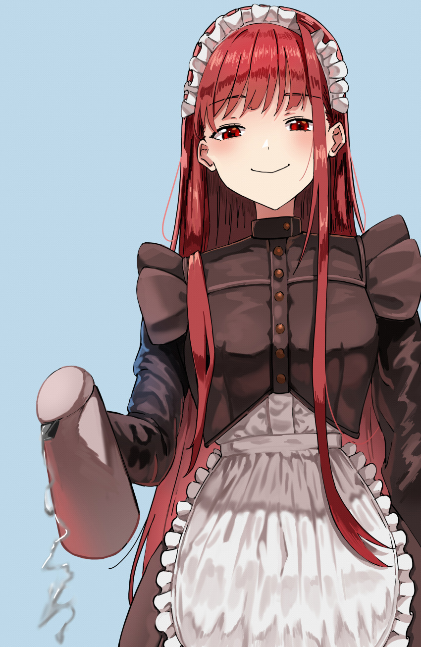 1girl, absurdres, alternate_costume, apron, black_dress, blue_background, chinese_commentary, closed_mouth