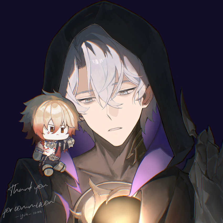2boys, artist_name, black_cloak, blue_eyes, character_doll, cloak, commentary, commission