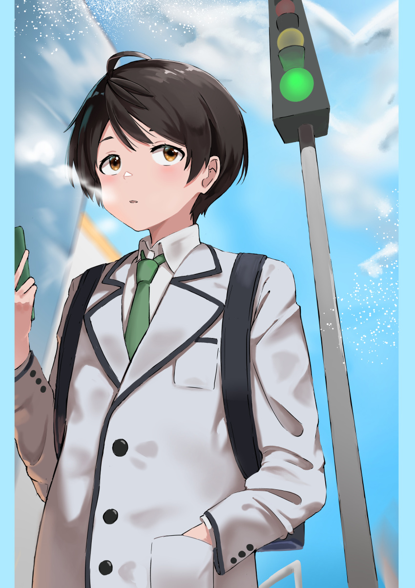 1boy, 1girl, absurdres, ahoge, backpack, bag, black_hair, blazer