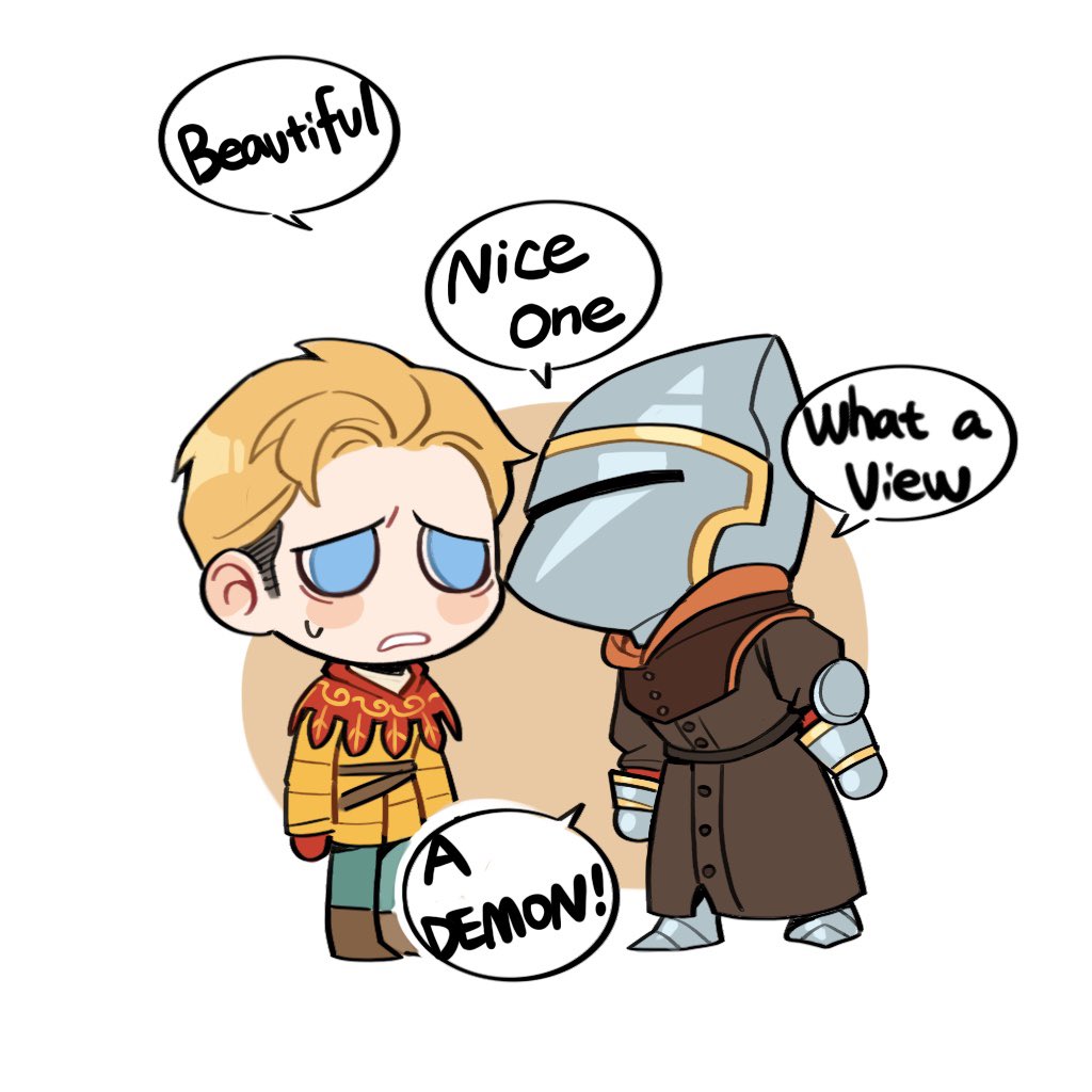 2boys, armor, belt, blonde_hair, blue_eyes, blush, boots, brown_background, brown_belt, brown_boots, brown_coat, capelet, chibi, coat, commentary, english_commentary, english_text, full_armor, full_body, gauntlets, gloves, green_pants, hans_capon, helmet, henry_of_skalitz, jacket, kingdom_come:_deliverance_ii, looking_at_another, multiple_boys, no_pupils, pants, parted_lips, red_capelet, red_gloves, sabaton, scared, short_hair, simple_background, speech_bubble, standing, sweatdrop, teeth, tworain_w, white_background, yellow_jacket