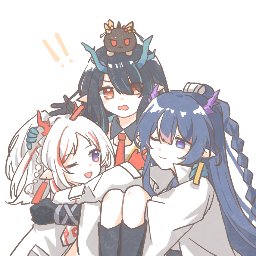 !, !!, 3girls, annotated, arknights, black_hair, blue_hair, carrying