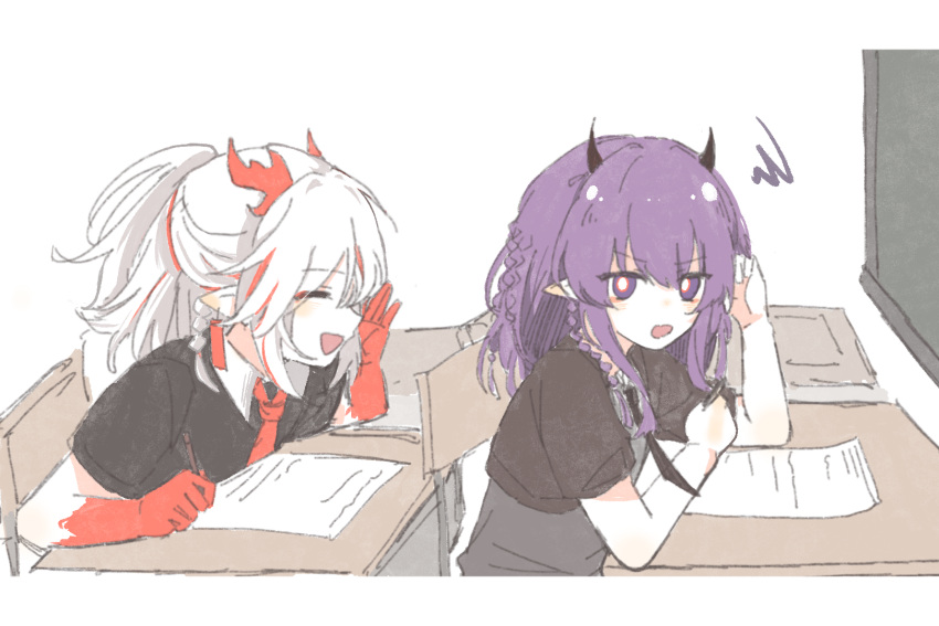 2girls, :d, ^_^, alternate_costume, arknights, black_horns, black_shirt, bright_pupils